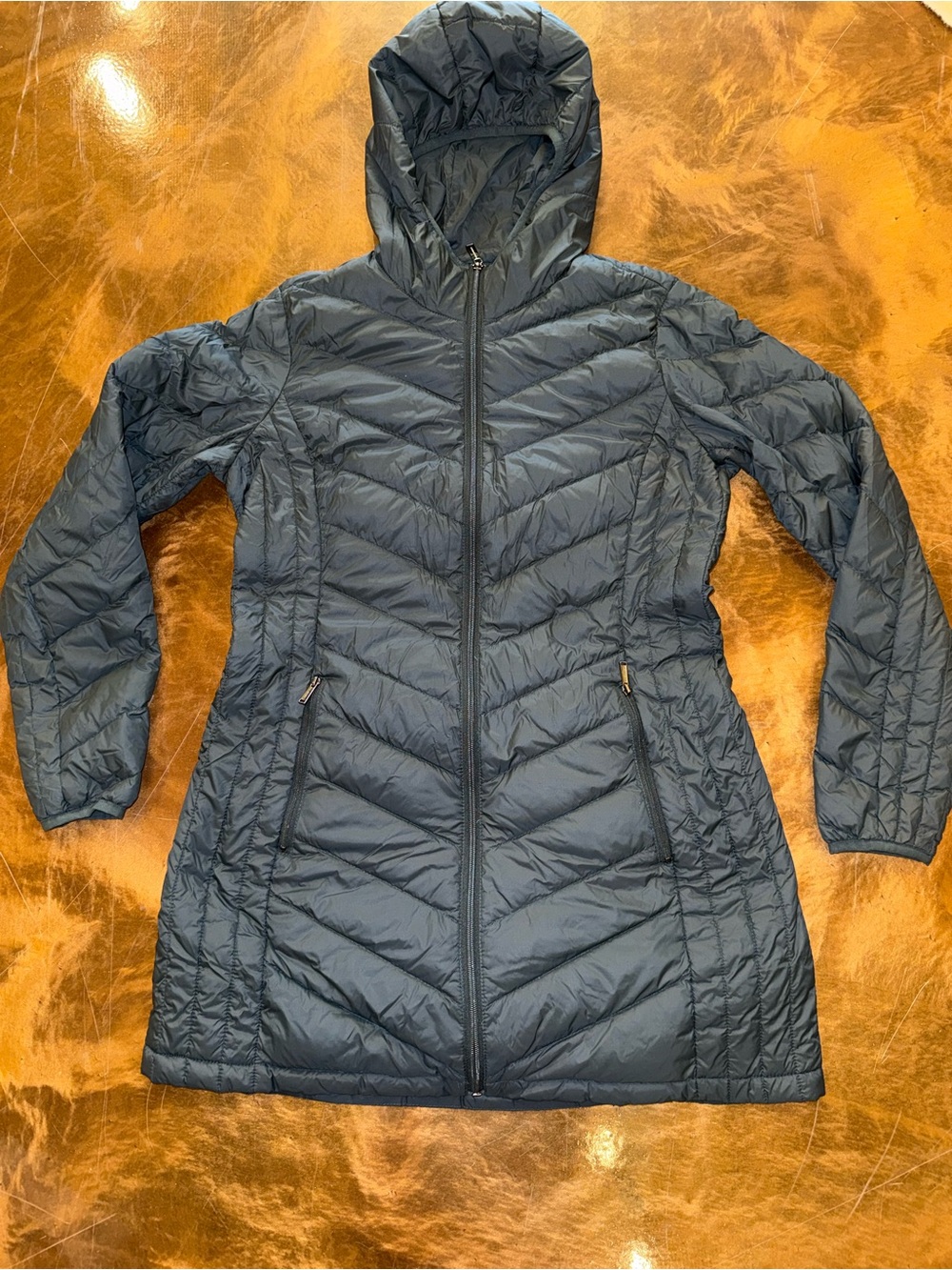 London Fog Long Quilted Hooded Puffer Coat in Navy